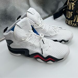 adidas White Knit High-Top Sneakers with Black & Red Accents